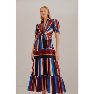 FARM Rio Red and White Pleated Midi Dress
